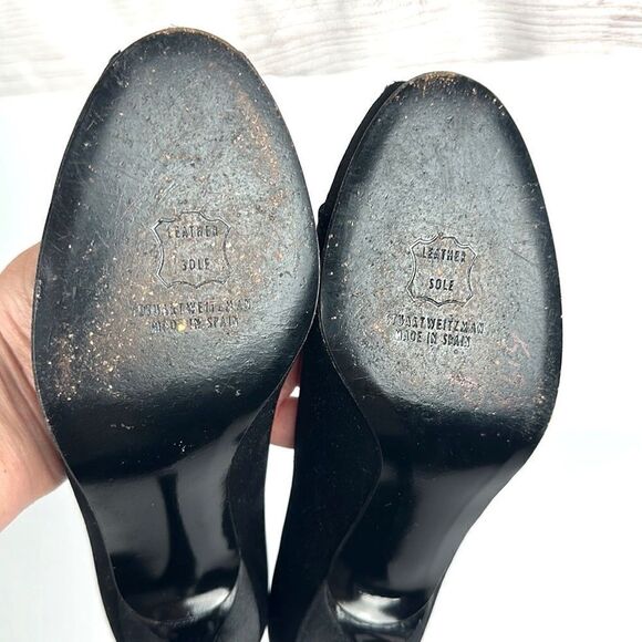 Stuart Weitzman Black Peau De Soie Satin
Peep Toe Tonal Rhinestone Accent Pumps - Picture 9 of 12